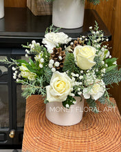 Load image into Gallery viewer, Festive White flower arrangement and festive greens